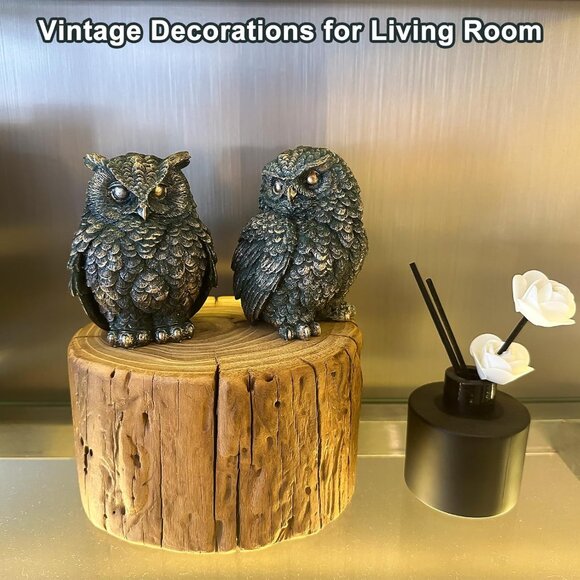 2 Pack Small Vintage Style Owl Statues for Home, Modern Style Figurine Bedroom - Picture 3 of 8